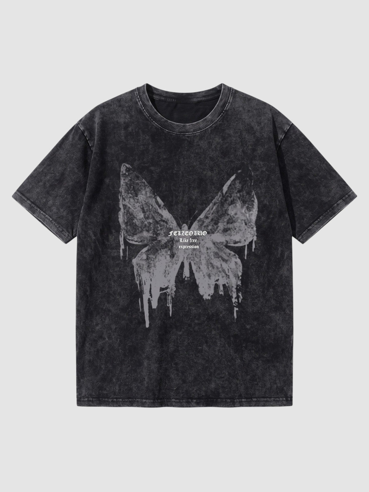 Y2K Avenue black acid wash boxy t-shirt with a grey dripping butterfly graphic and gothic lettering on the chest.