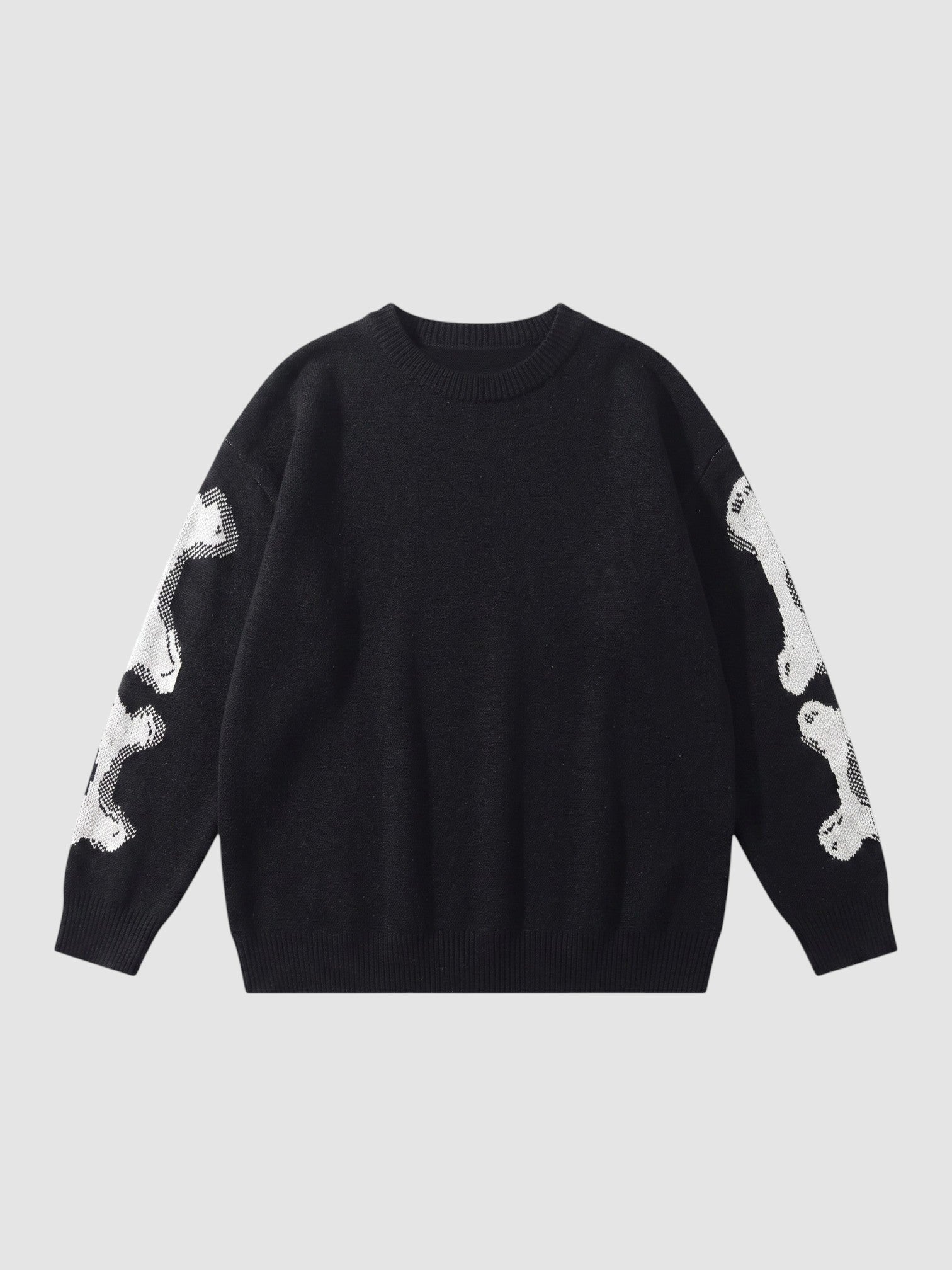 Y2K AVENUE black knit sweater featuring a white 3D-effect bone pattern on the sleeves and a crew neck design.