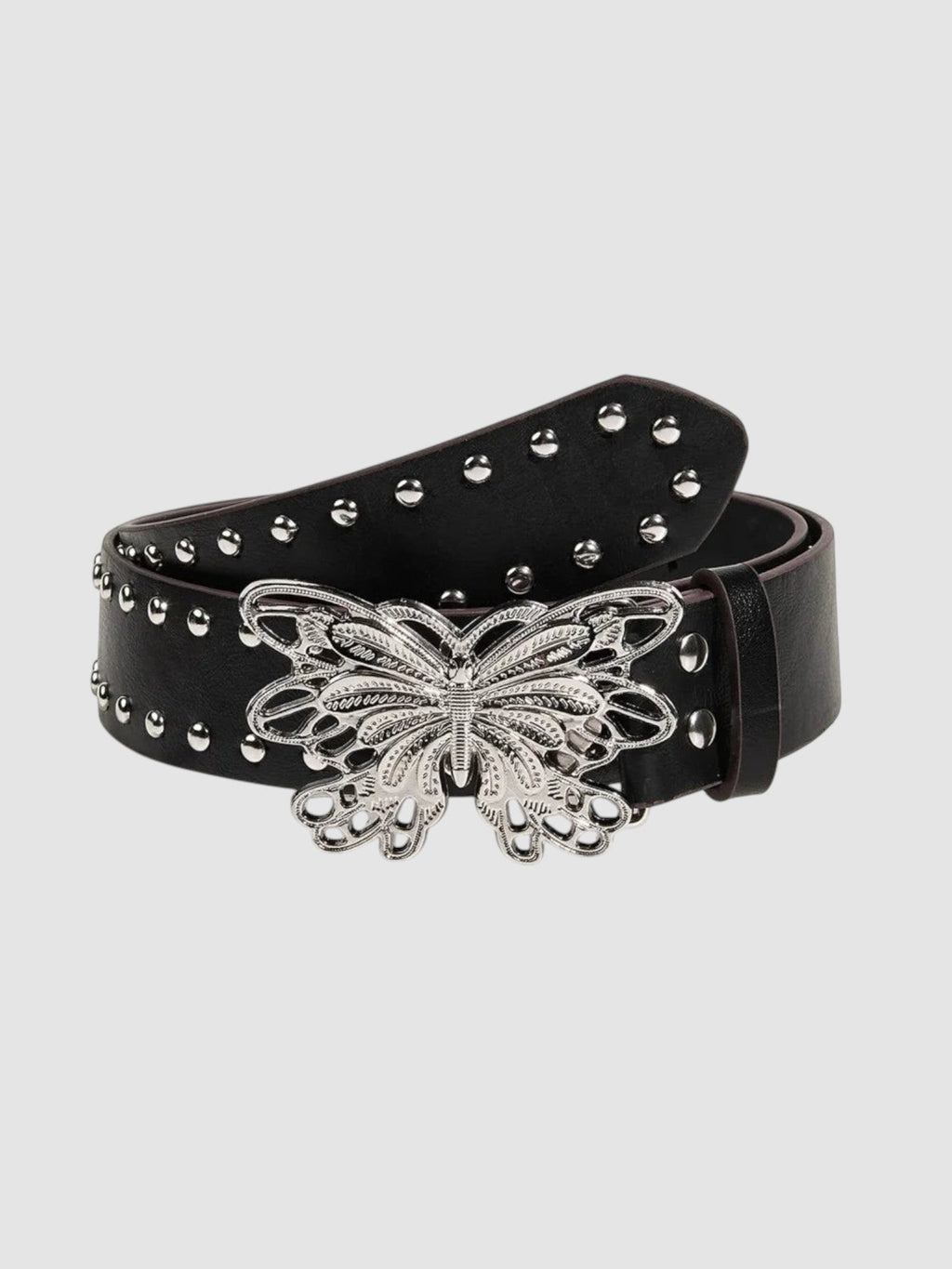 Y2K Avenue black faux leather belt featuring a silver filigree butterfly buckle and metal stud embellishments.
