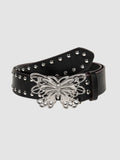 Y2K Avenue black faux leather belt featuring a silver filigree butterfly buckle and metal stud embellishments.