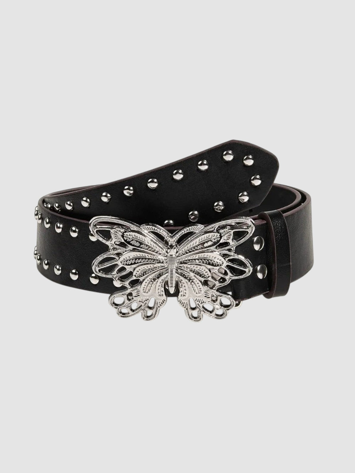Y2K Avenue black faux leather belt featuring a silver filigree butterfly buckle and metal stud embellishments.