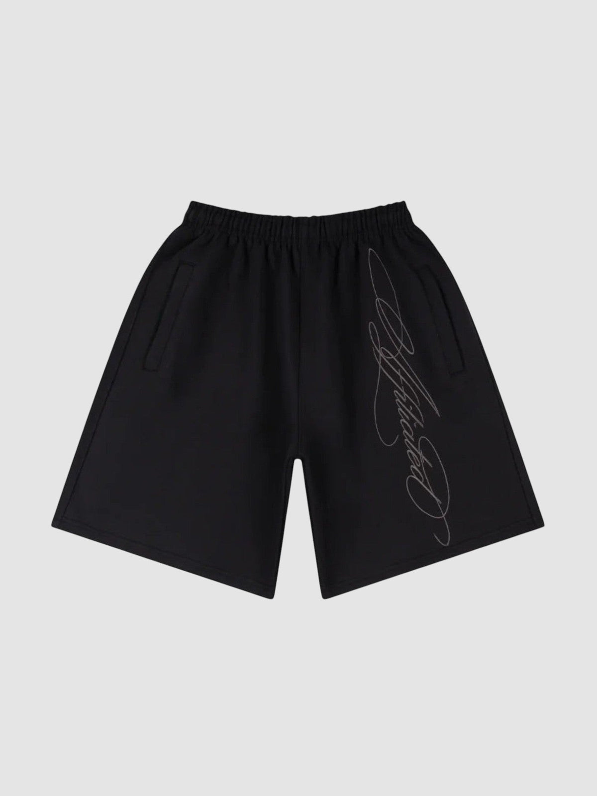 Y2K Avenue black fleece shorts with diagonal cursive calligraphy print, elastic waist, and side pockets.