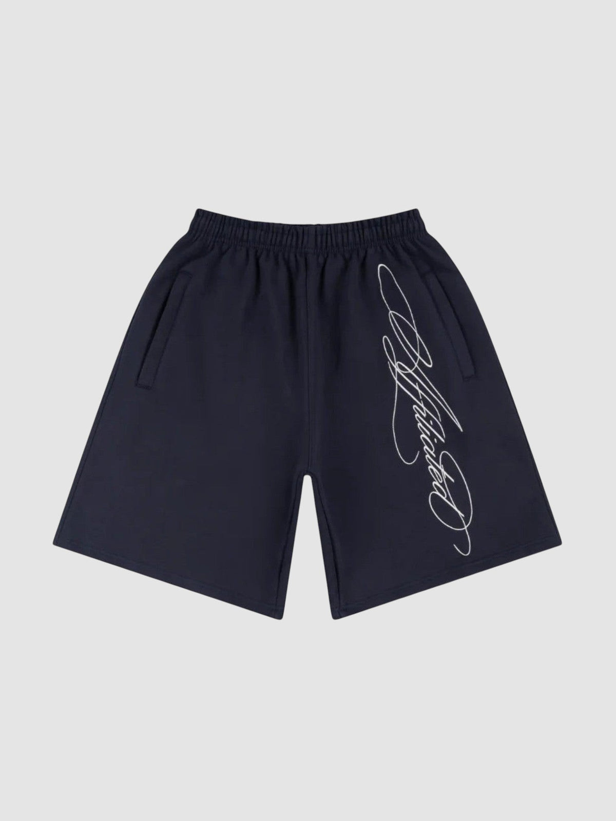 Y2K AVENUE black fleece shorts featuring a white diagonal cursive calligraphy print and an elasticated waistband.