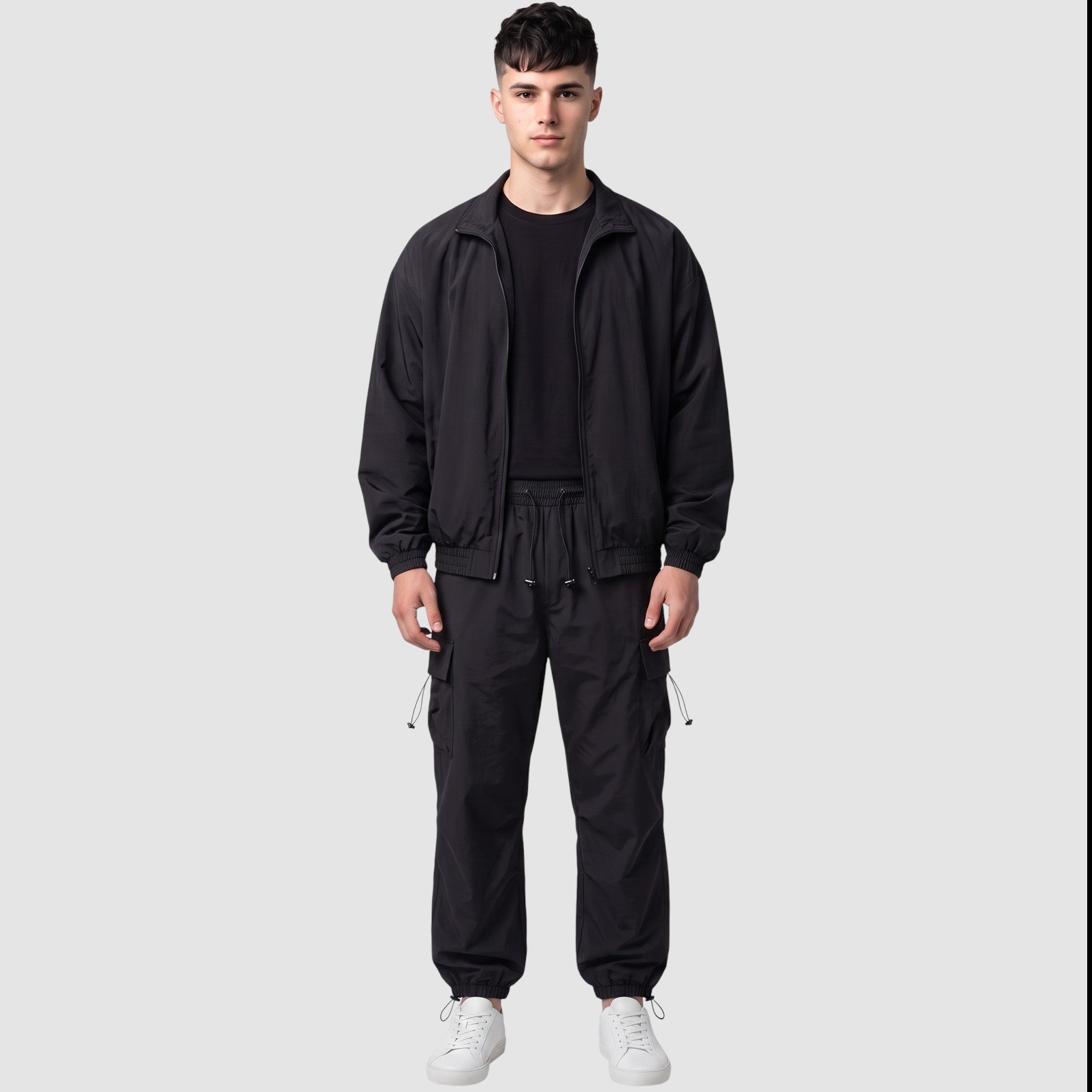 Y2K AVENUE men wearing black casual cargo pants with drawstring waist and side pockets paired with a matching jacket