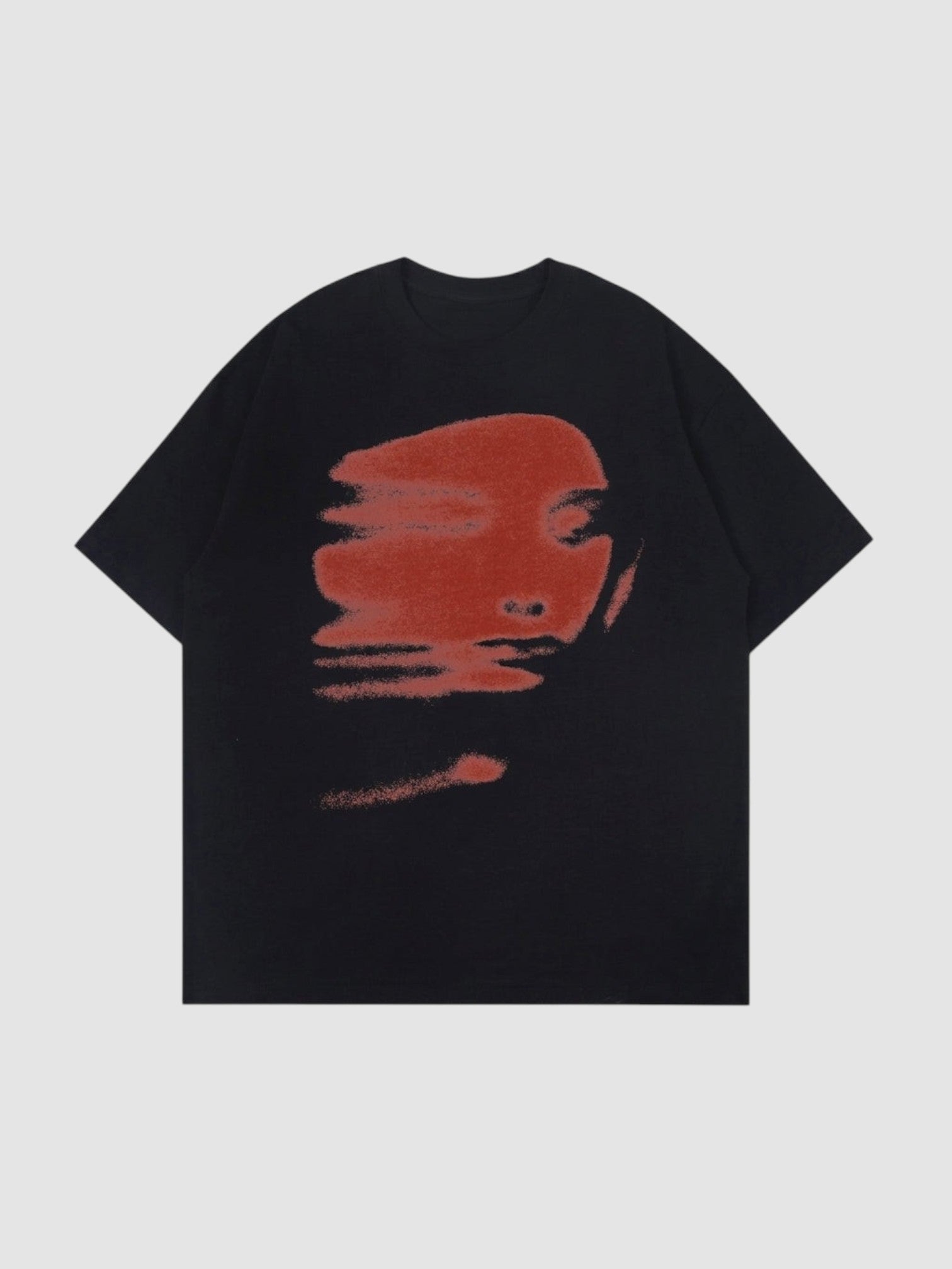 Y2K Avenue black cotton t-shirt with a blurred brick red abstract face print in a Y2K aesthetic style.