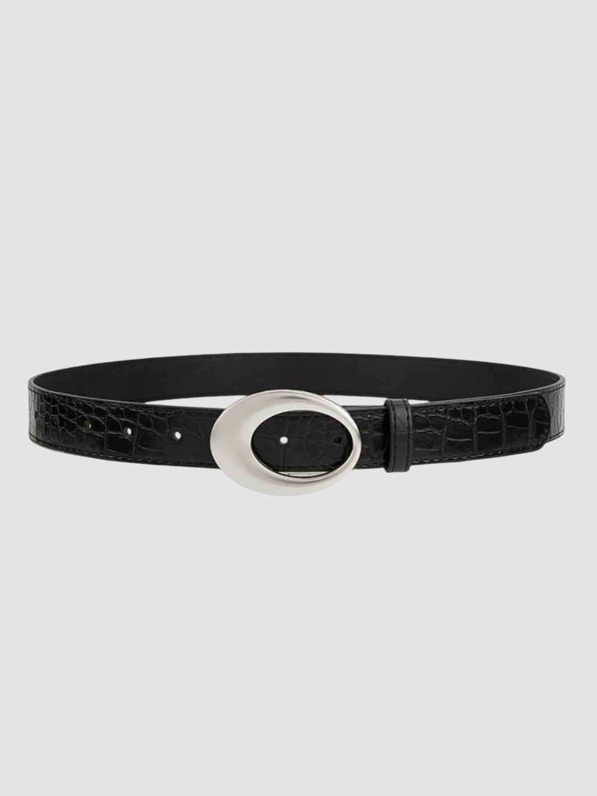 Y2K Avenue black faux leather crocodile embossed belt with a large polished silver oval buckle
