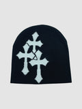 Y2K Avenue black beanie featuring a white jacquard knit design of three gothic-style crosses.