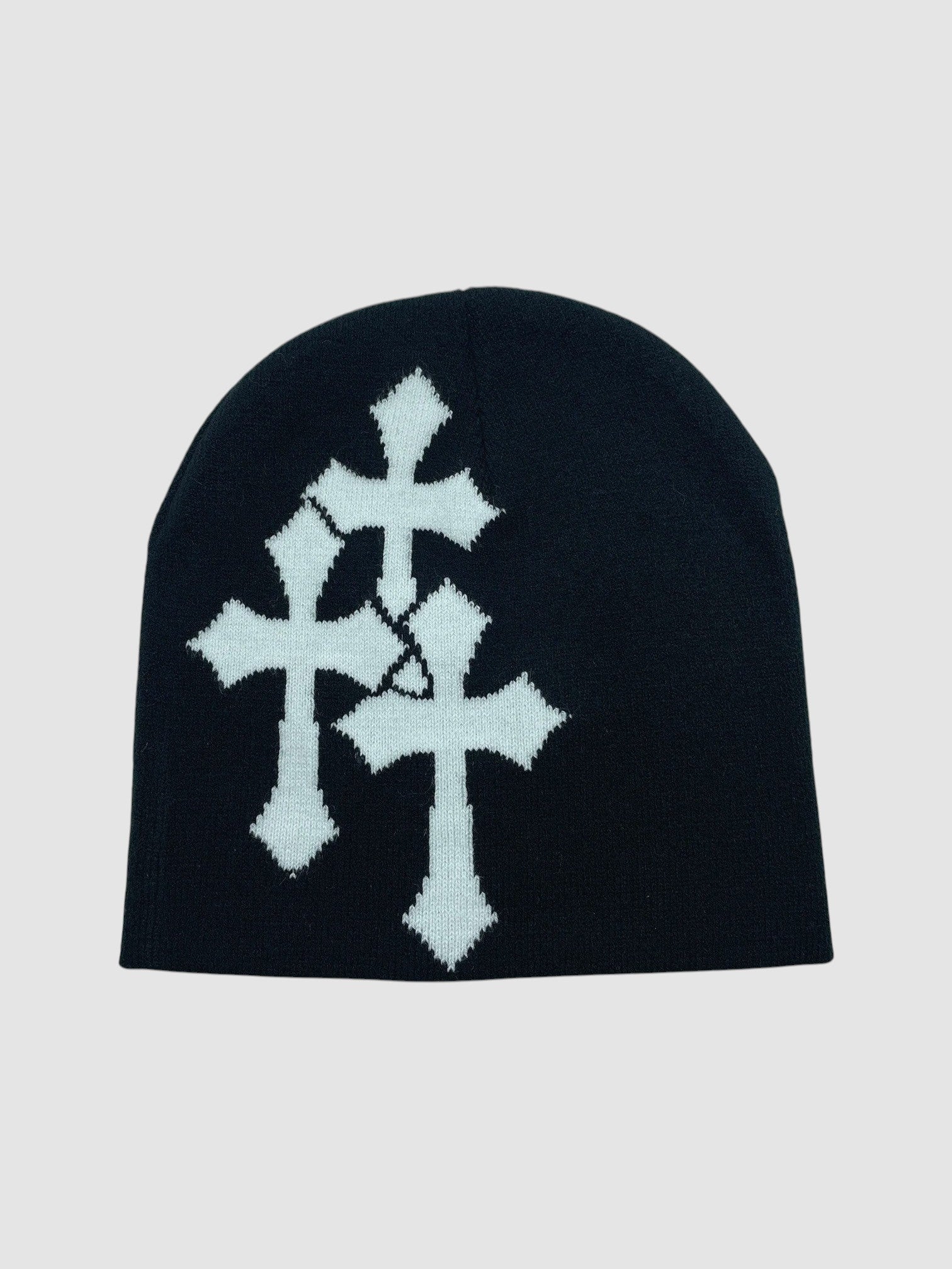 Y2K Avenue black beanie featuring a white jacquard knit design of three gothic-style crosses.