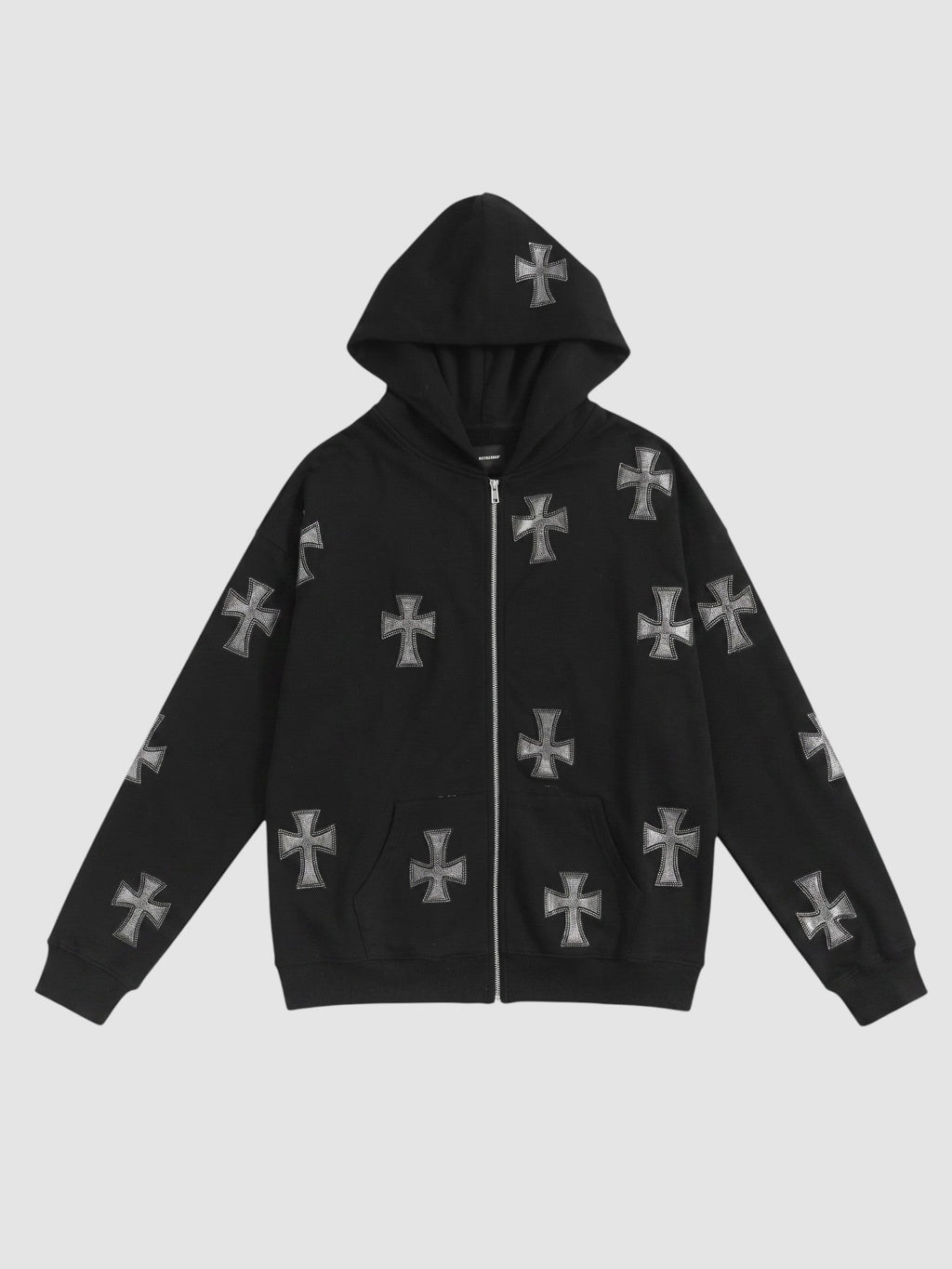 Y2K Avenue black zip-up hoodie featuring a repeating light grey cross pattern, hood, and front pockets.