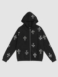 Y2K Avenue black zip-up hoodie featuring a repeating light grey cross pattern, hood, and front pockets.