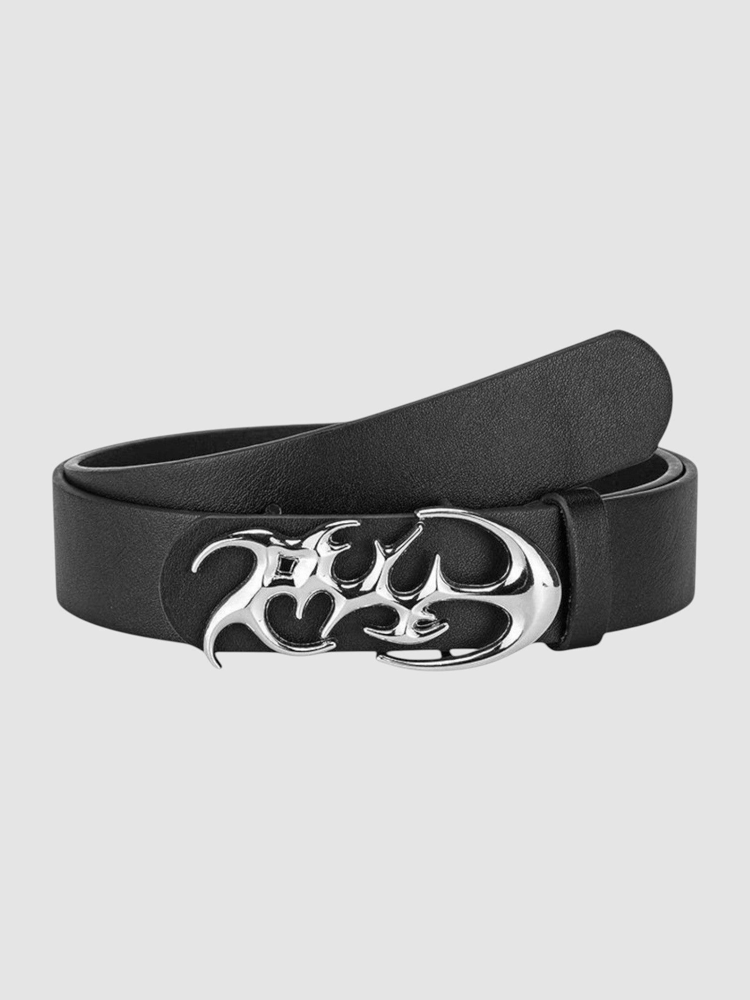 Y2K Avenue black faux leather belt featuring an asymmetrical silver metal flame-shaped buckle in a cyber style.