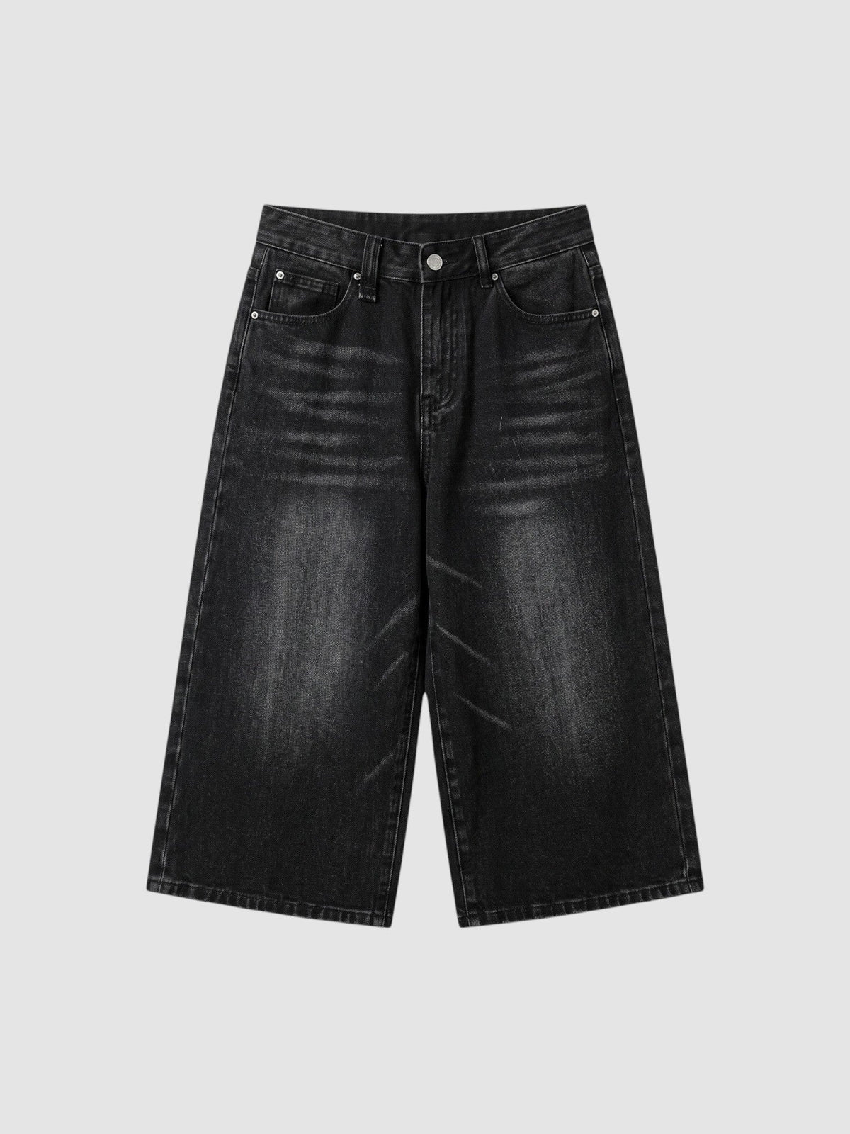 Y2K Avenue black denim bermuda shorts with a high-waisted, wide-leg A-line silhouette and grey faded wash details.