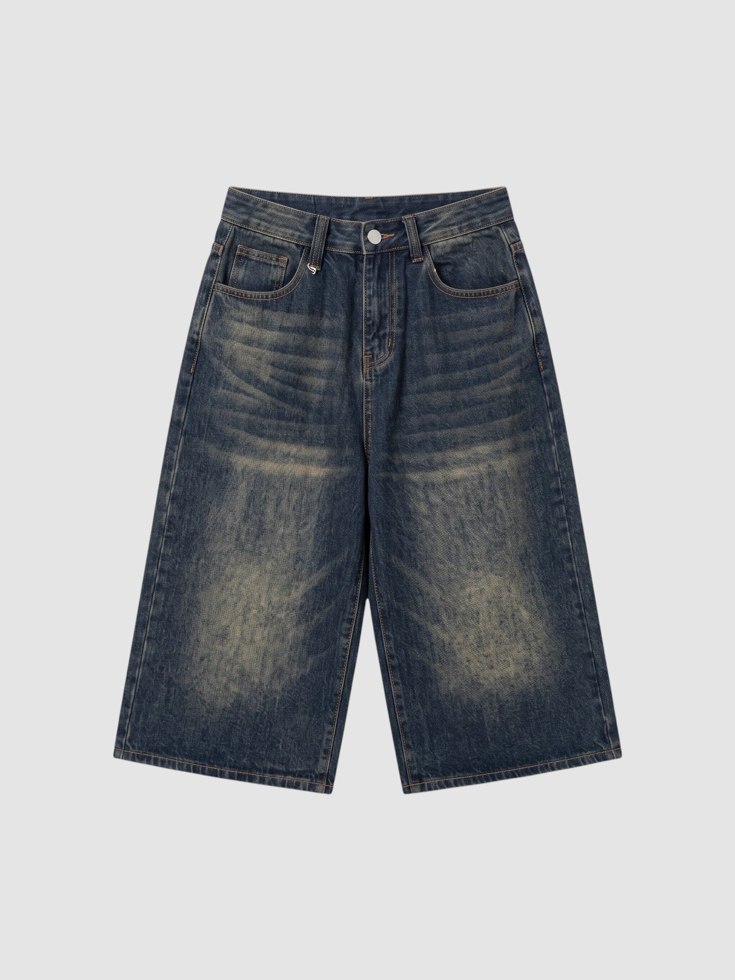 Y2K Avenue high-waisted black denim bermuda shorts with a grey faded wash and wide-leg A-line silhouette.