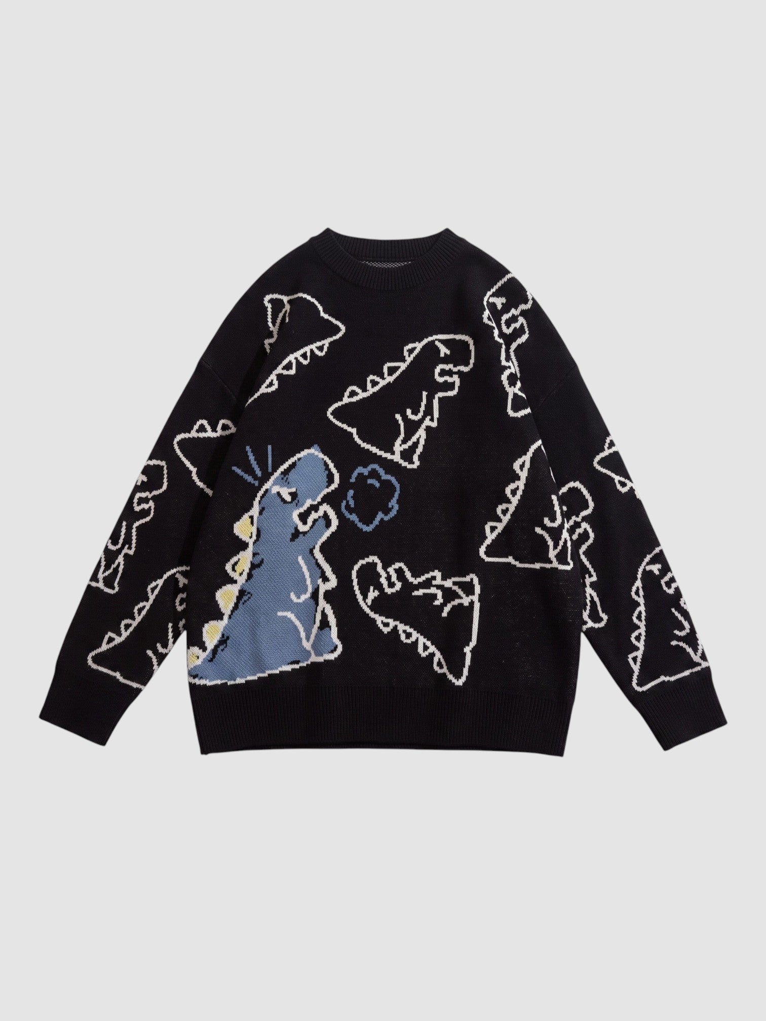 Y2K AVENUE black knit sweater featuring a playful all-over cartoon dinosaur pattern and a round neckline.