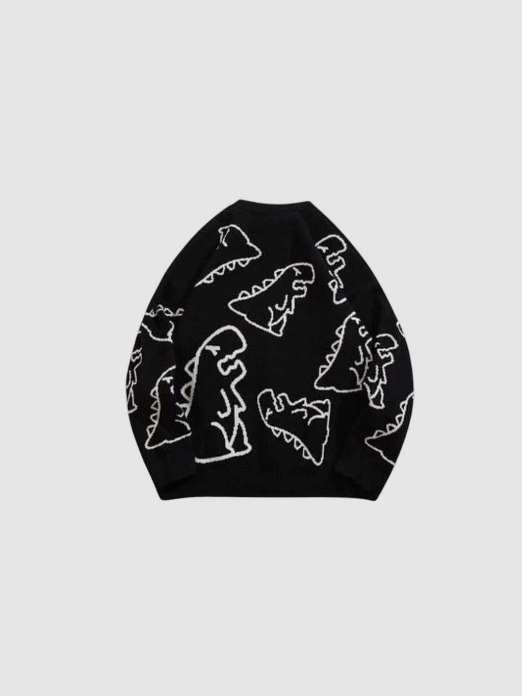 Y2K AVENUE black knit sweater featuring a white cartoon dinosaur all-over pattern and a classic crew neck design.