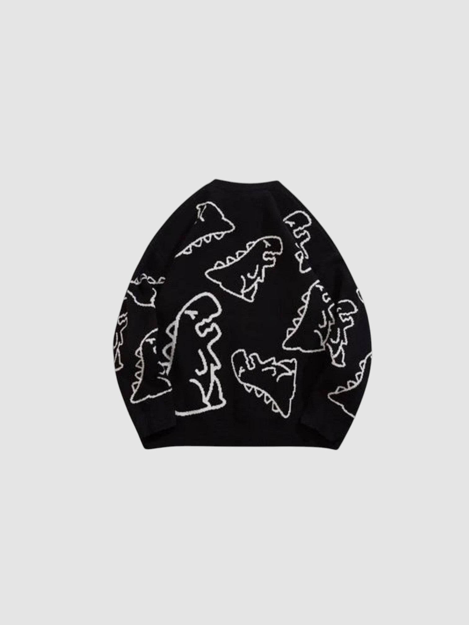 Y2K AVENUE black knit sweater featuring a white cartoon dinosaur all-over pattern and a classic crew neck design.