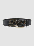 Y2K Avenue black faux leather belt featuring a silver metallic DVD logo buckle in a Y2K inspired streetwear style.