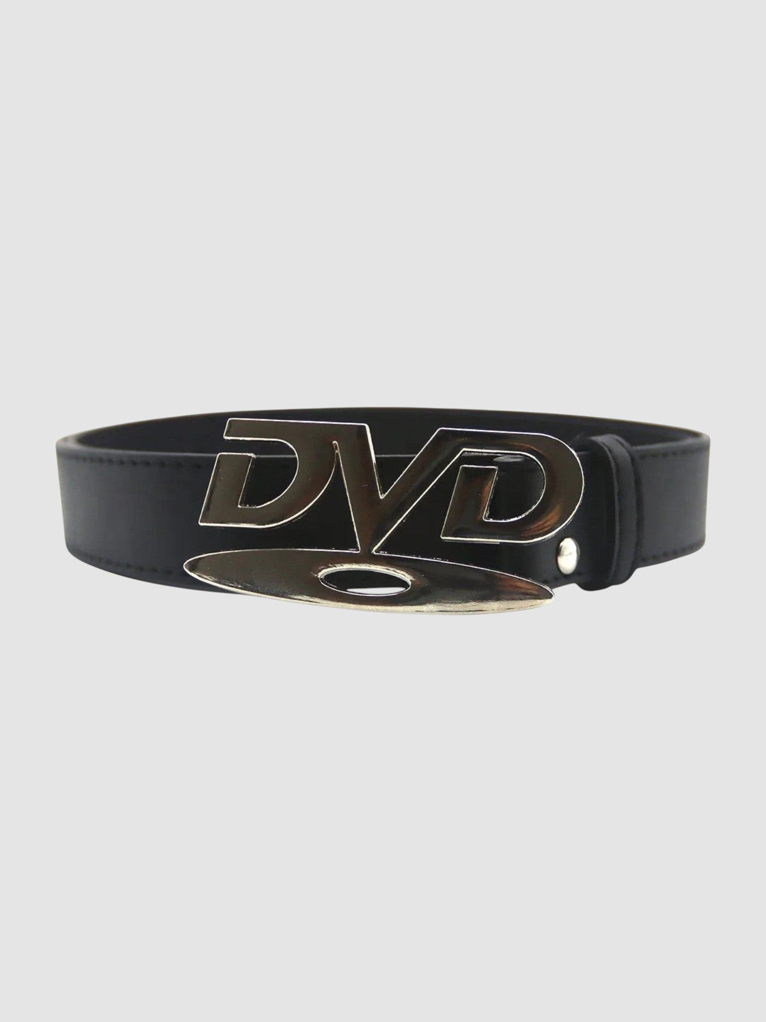 Y2K Avenue black faux leather belt featuring a silver metallic DVD logo buckle in a Y2K inspired streetwear style.