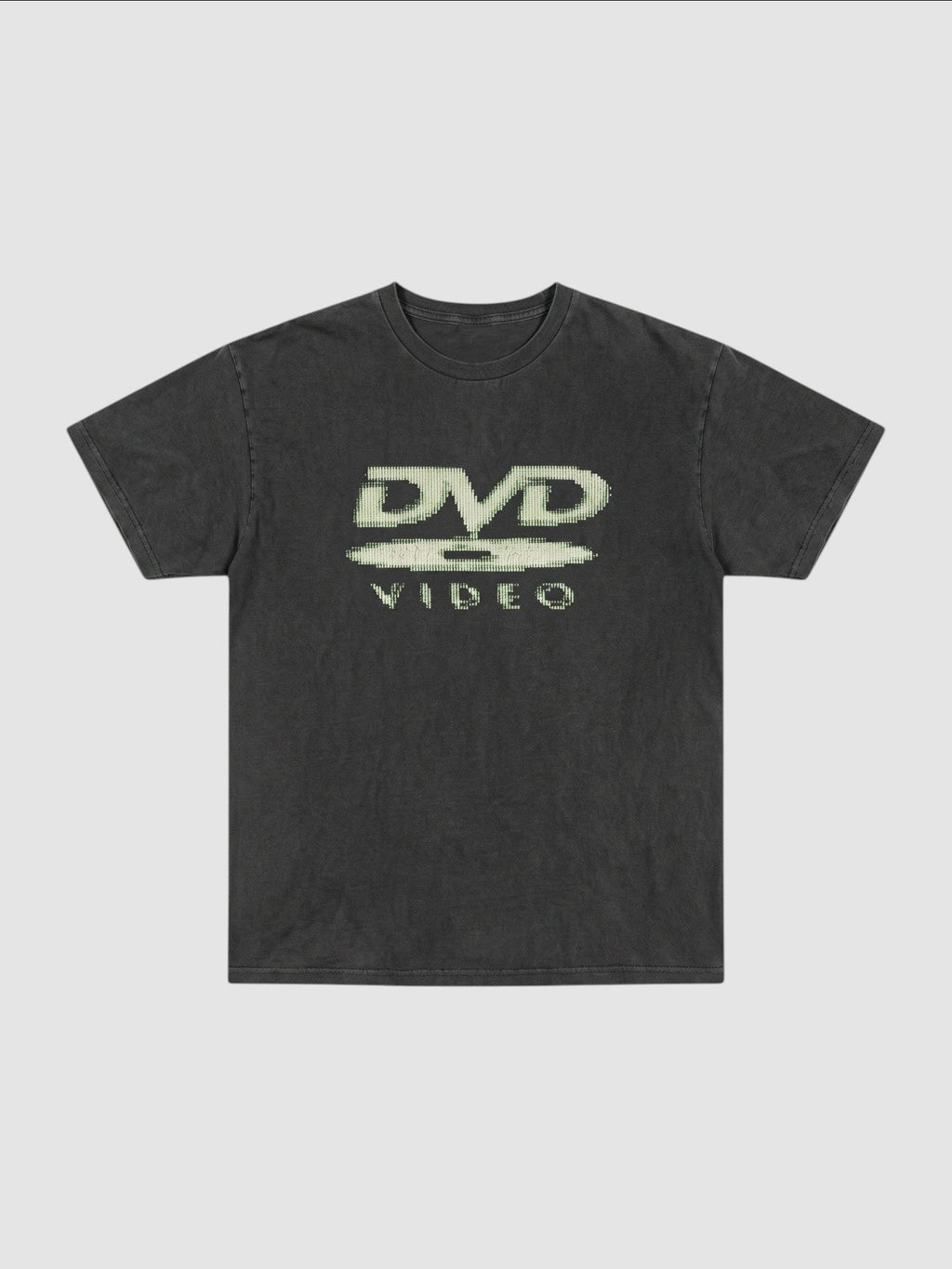 Y2K Avenue black washed polyester t-shirt with a vintage ecru DVD Video logo graphic on the chest.