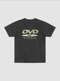 Y2K Avenue black washed polyester t-shirt with a vintage ecru DVD Video logo graphic on the chest.