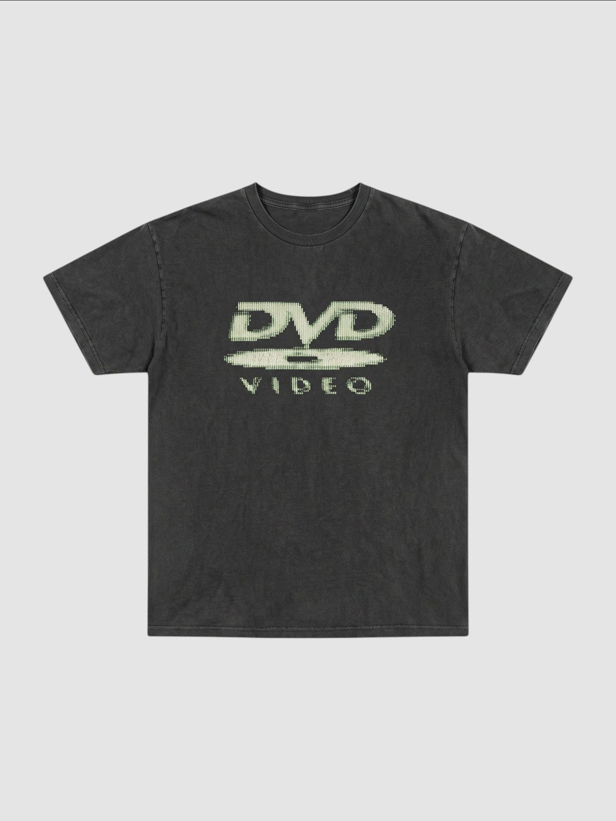 Y2K Avenue black washed polyester t-shirt with a vintage ecru DVD Video logo graphic on the chest.