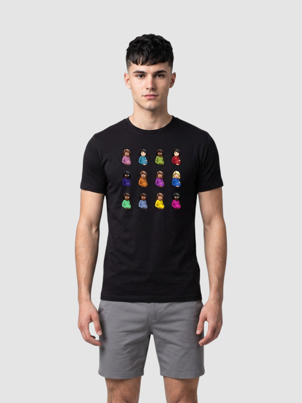 Y2K Avenue black crew neck t-shirt featuring a grid of twelve colorful pregnant woman emojis on a male model