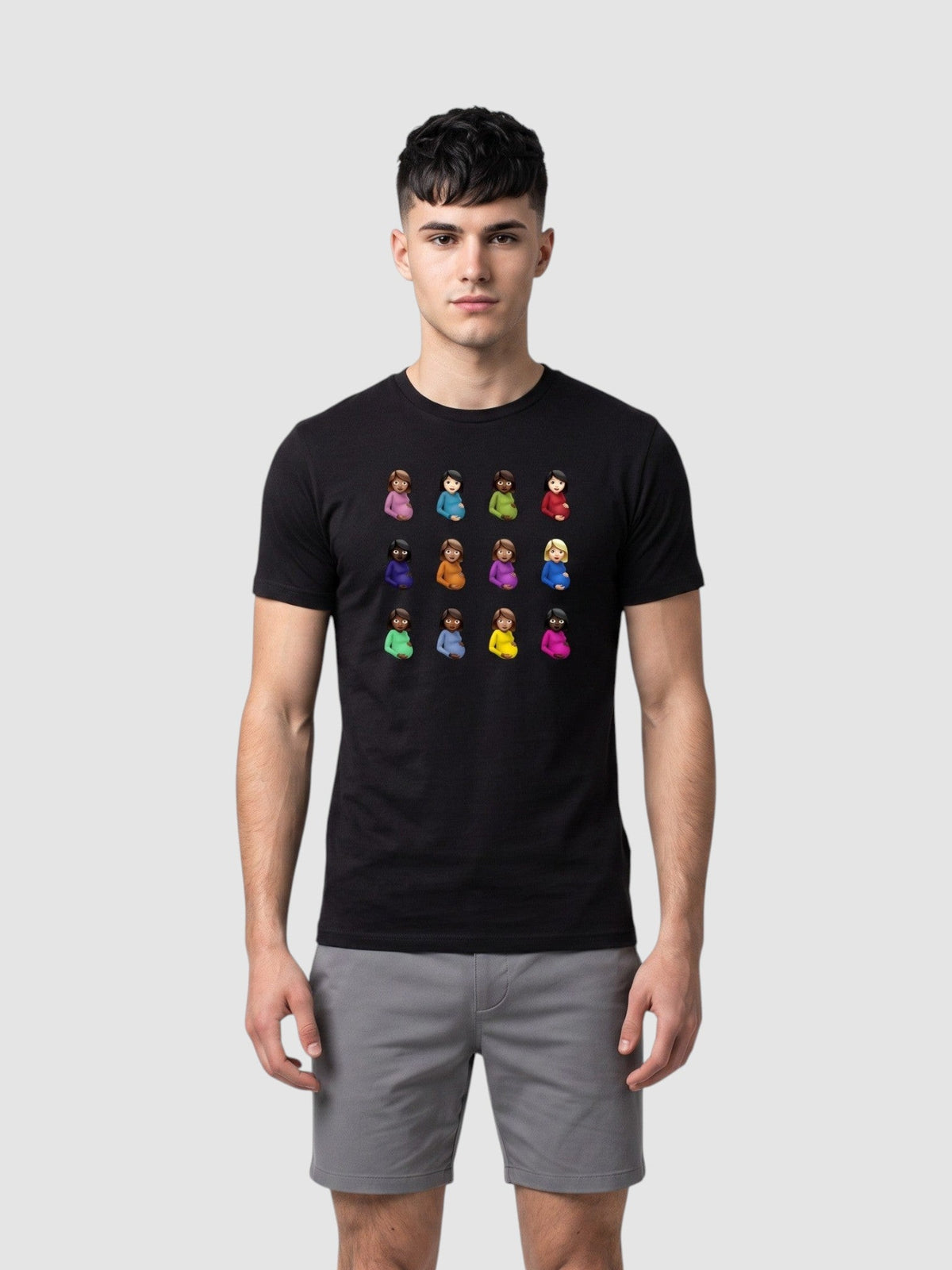 Y2K Avenue black crew neck t-shirt featuring a grid of twelve colorful pregnant woman emojis on a male model