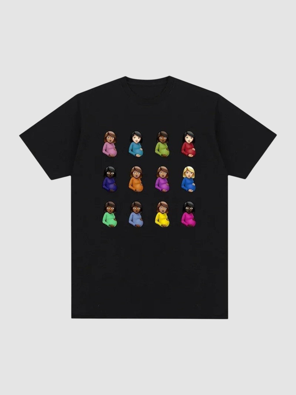 Y2K Avenue black crew neck t-shirt featuring a grid of twelve colorful pregnant woman emojis in polyester fabric