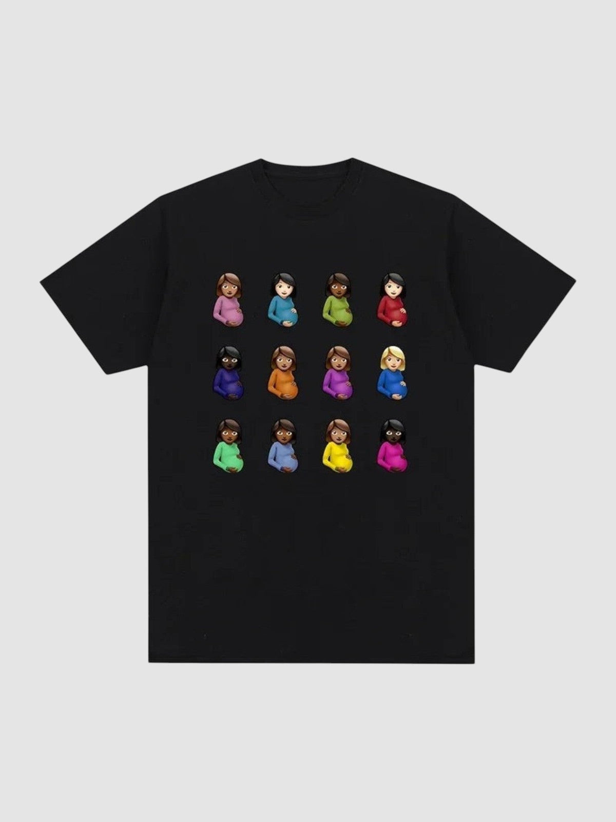 Y2K Avenue black crew neck t-shirt featuring a grid of twelve colorful pregnant woman emojis in polyester fabric