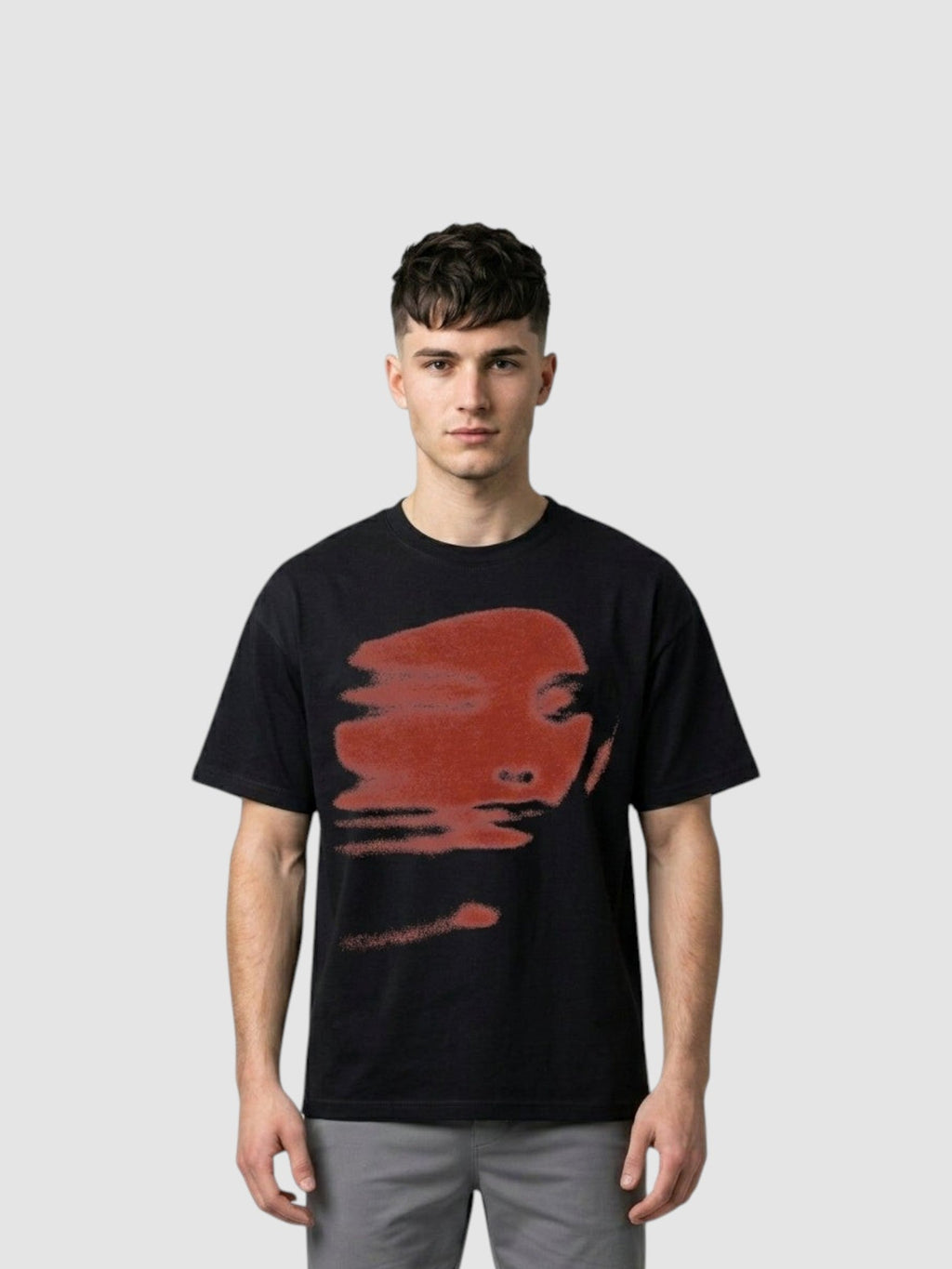 Y2K Avenue black unisex cotton t-shirt featuring a blurred brick red abstract face print on the chest