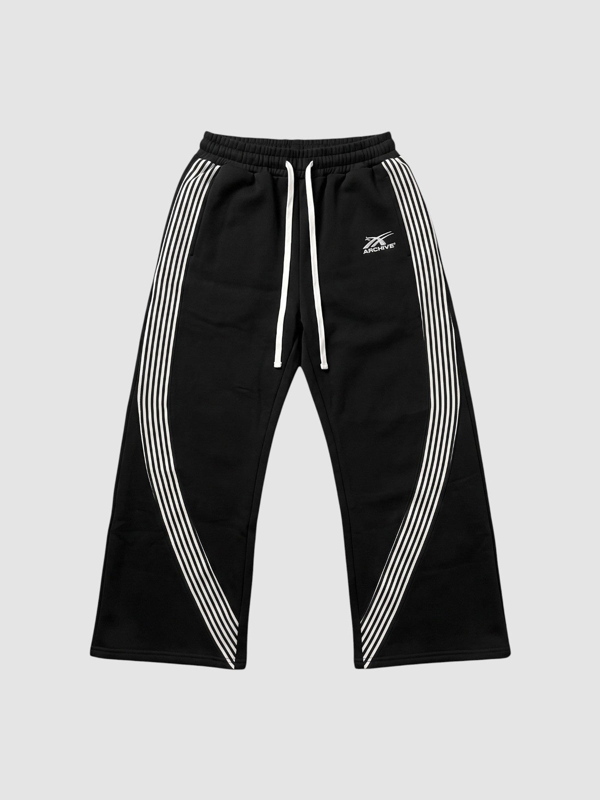 Y2K Avenue black fleece baggy joggers with white side stripes and embroidered logo on the left thigh
