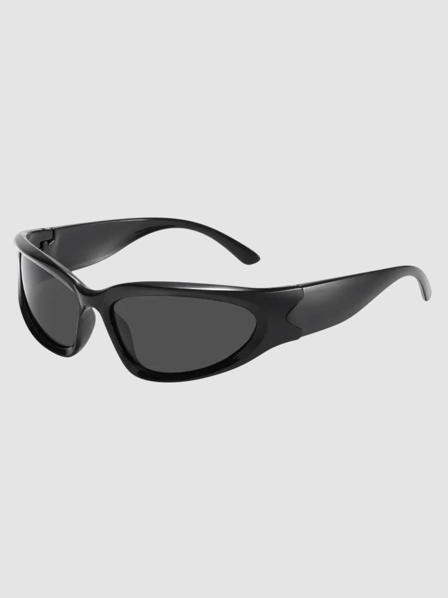 Y2K Avenue matte black wraparound gorpcore sunglasses with dark grey tinted lenses and thick technical frames