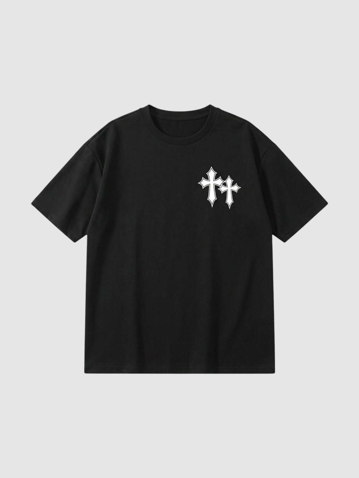 Y2K Avenue black oversize cotton t-shirt featuring two white gothic cross prints on the left chest