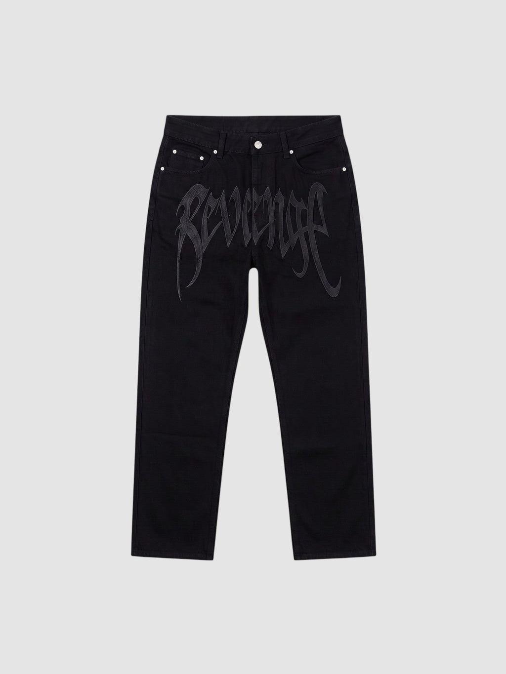 Y2K Avenue black Y2K hip-hop jeans with subtle gothic lettering print on thighs and straight-leg fit