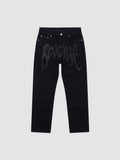 Y2K Avenue black Y2K hip-hop jeans with subtle gothic lettering print on thighs and straight-leg fit