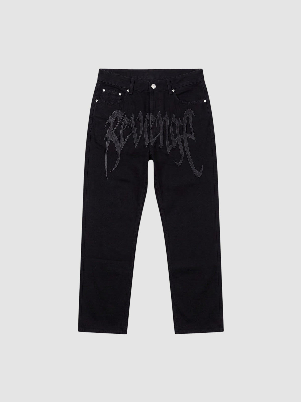 Y2K Avenue black Y2K hip-hop jeans with subtle gothic lettering print on thighs and straight-leg fit