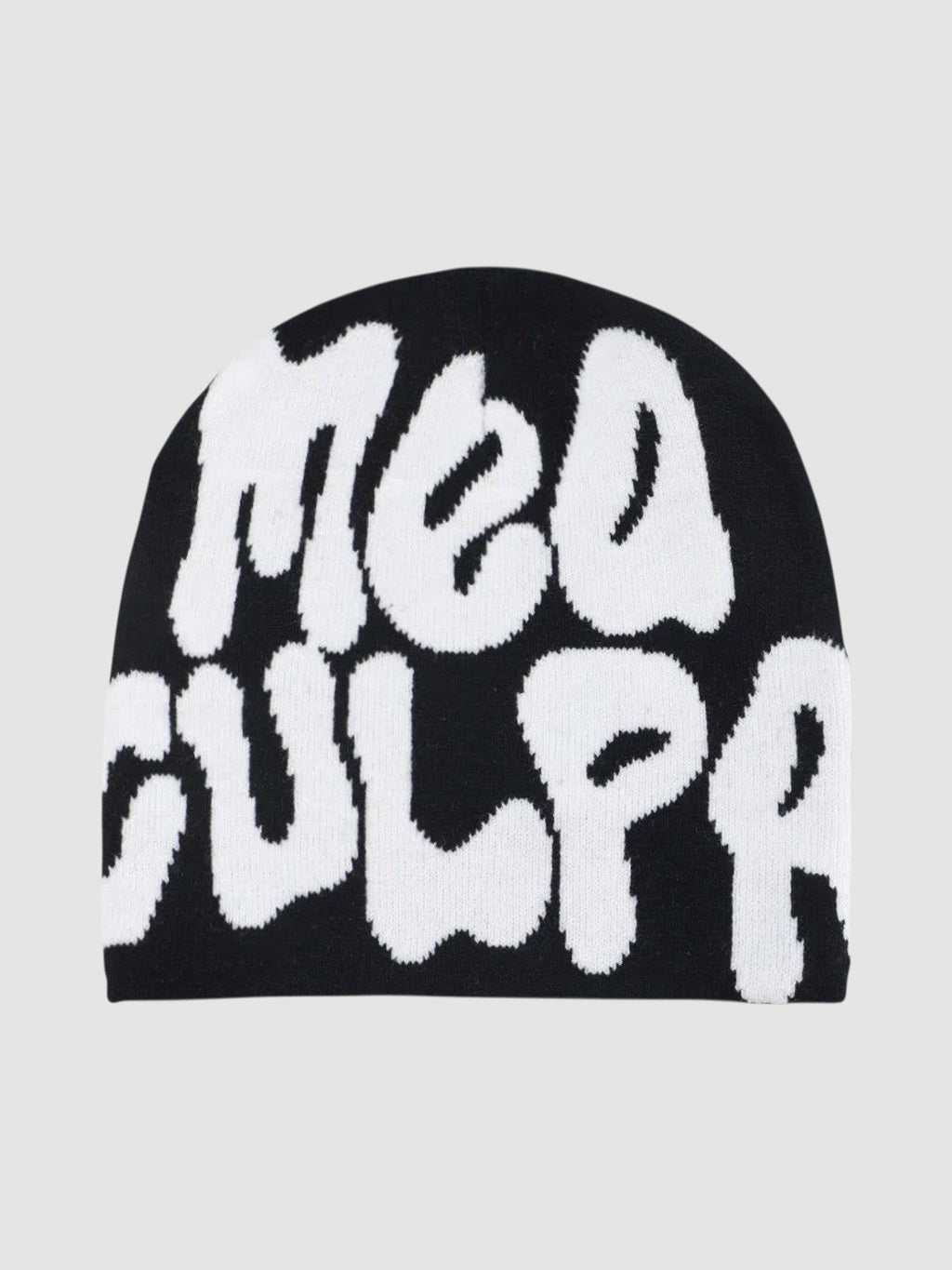 Y2K Avenue black skullie beanie featuring large white graffiti-style bubble lettering that reads Mea Culpa.