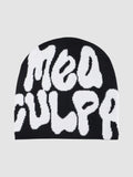 Y2K Avenue black skullie beanie featuring large white graffiti-style bubble lettering that reads Mea Culpa.
