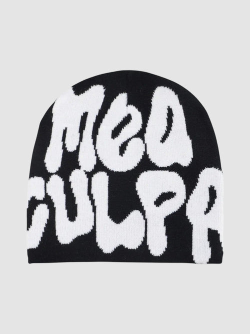 Y2K Avenue black skullie beanie featuring large white graffiti-style bubble lettering that reads Mea Culpa.