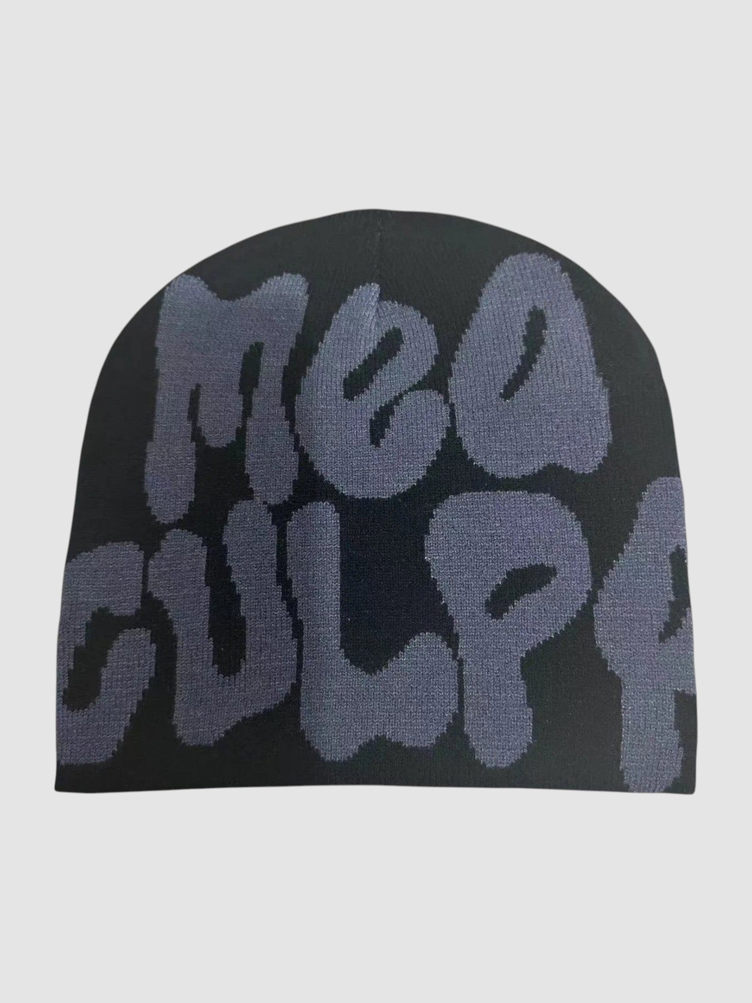 Y2K Avenue black skullie beanie featuring large grey graffiti-style bubble lettering reading Mea Culpa