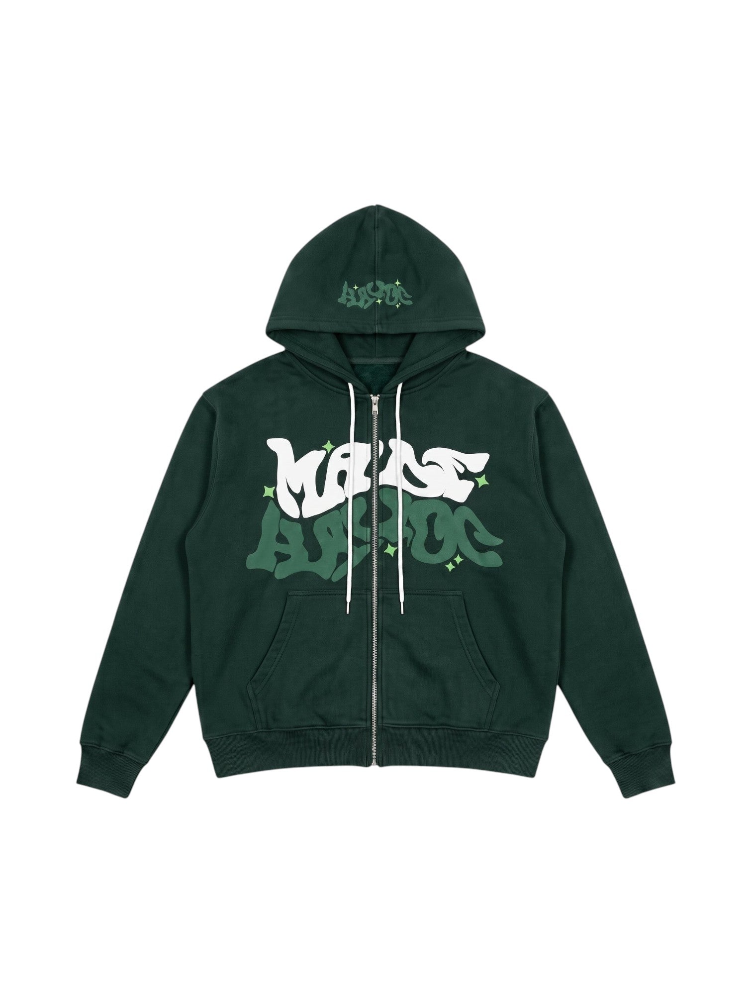 Y2K Avenue black zip-up hoodie featuring white and green bubble graffiti lettering and small star accents