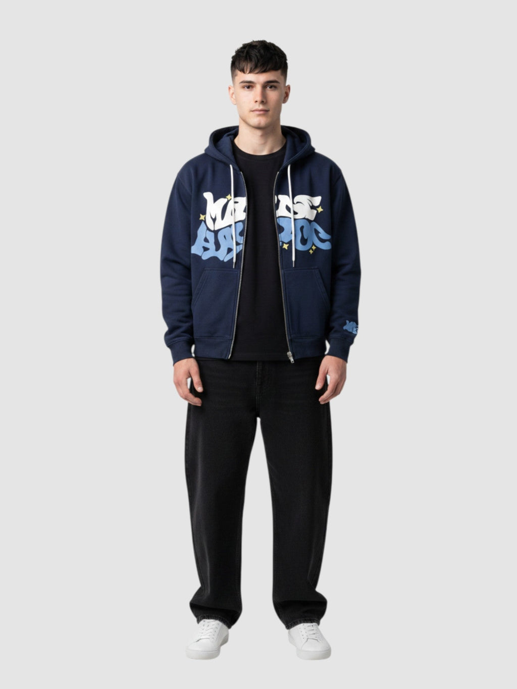 Y2K Avenue black zip-up hoodie featuring white and blue bubble graffiti lettering and green star accents on a model
