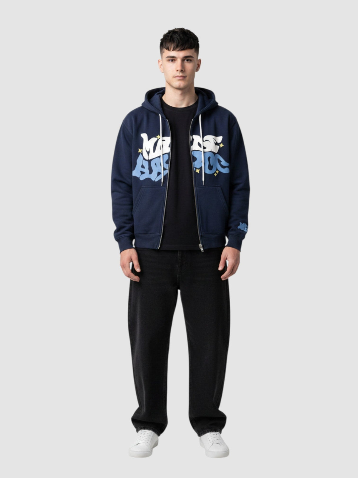Y2K Avenue black zip-up hoodie featuring white and blue bubble graffiti lettering and green star accents on a model