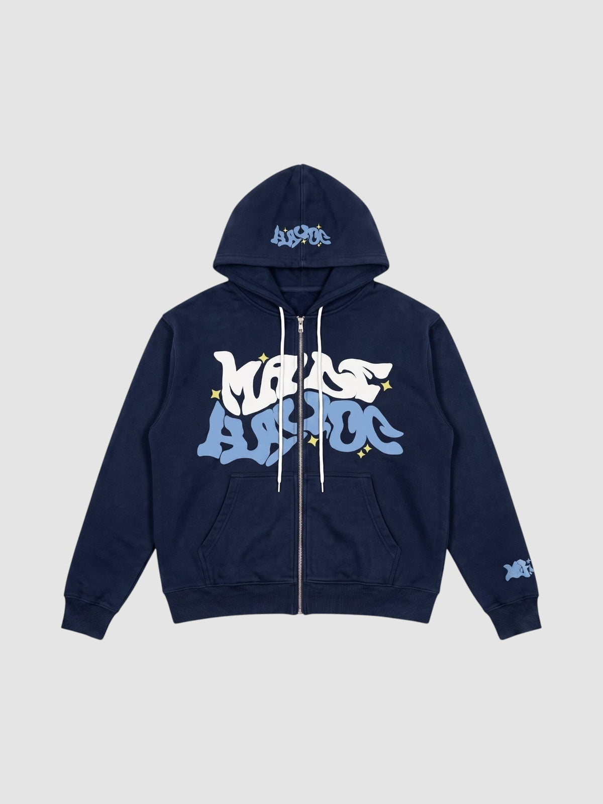 Y2K Avenue black zip-up hoodie featuring white and blue bubble graffiti lettering and small green star accents.