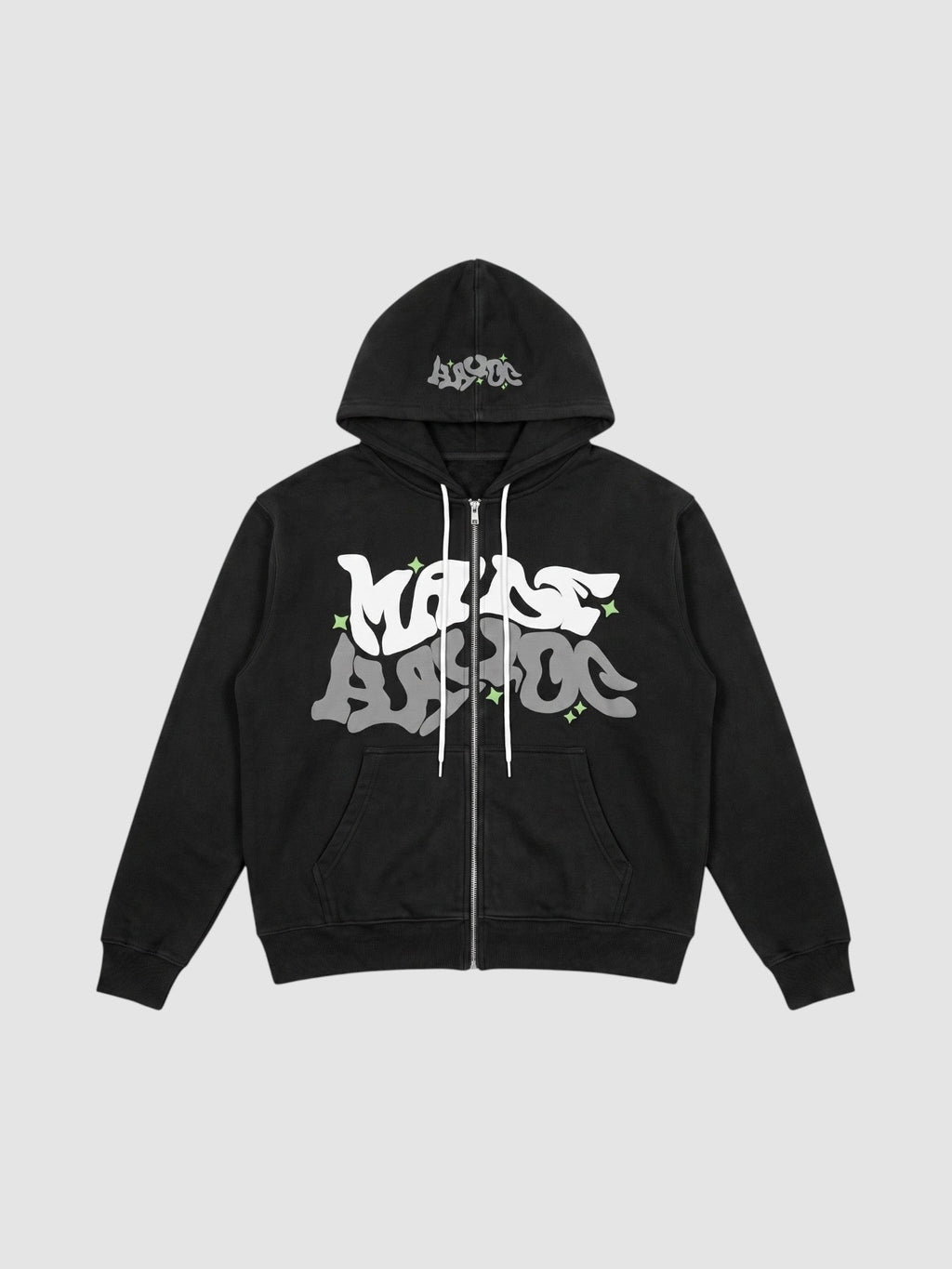 Y2K Avenue black zip-up hoodie featuring white and grey bubble graffiti lettering and small green star accents.