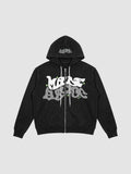 Y2K Avenue black zip-up hoodie featuring white and grey bubble graffiti lettering and small green star accents.