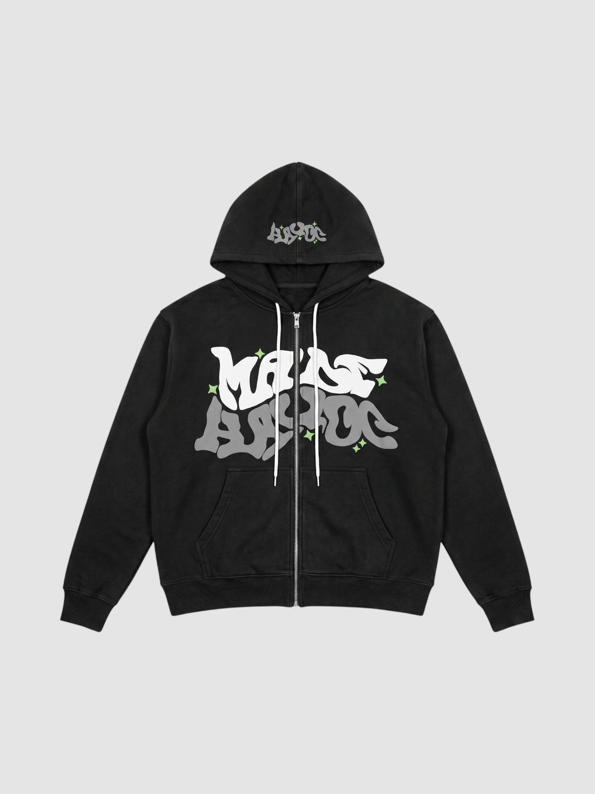 Y2K Avenue black zip-up hoodie featuring white and grey bubble graffiti lettering and small green star accents.