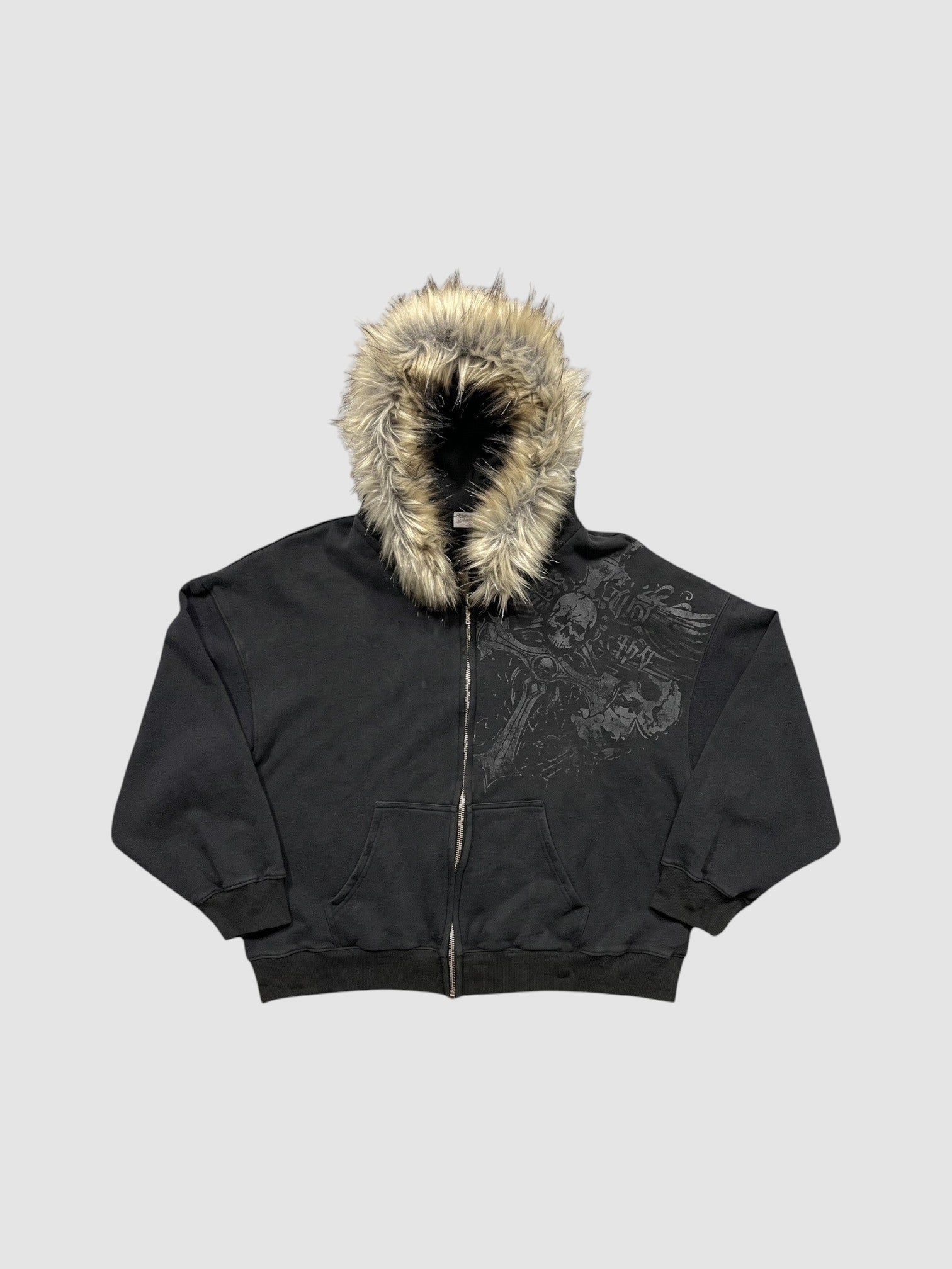 Y2K Avenue black washed grunge zip-up hoodie with silver graphic print and thick faux fur trim on the hood
