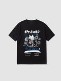 Y2K Avenue black unisex t-shirt featuring a white cat graphic with blue graffiti, stars, and Japanese text.