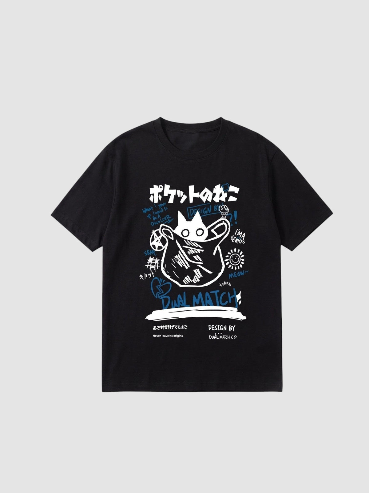 Y2K Avenue black unisex t-shirt featuring a white cat graphic with blue graffiti, stars, and Japanese text.
